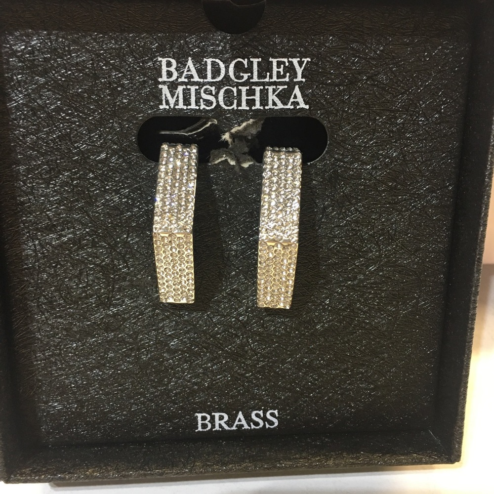NIB! Badgley Mischka Brass Rhinestone Hexagon Hoop Earrings